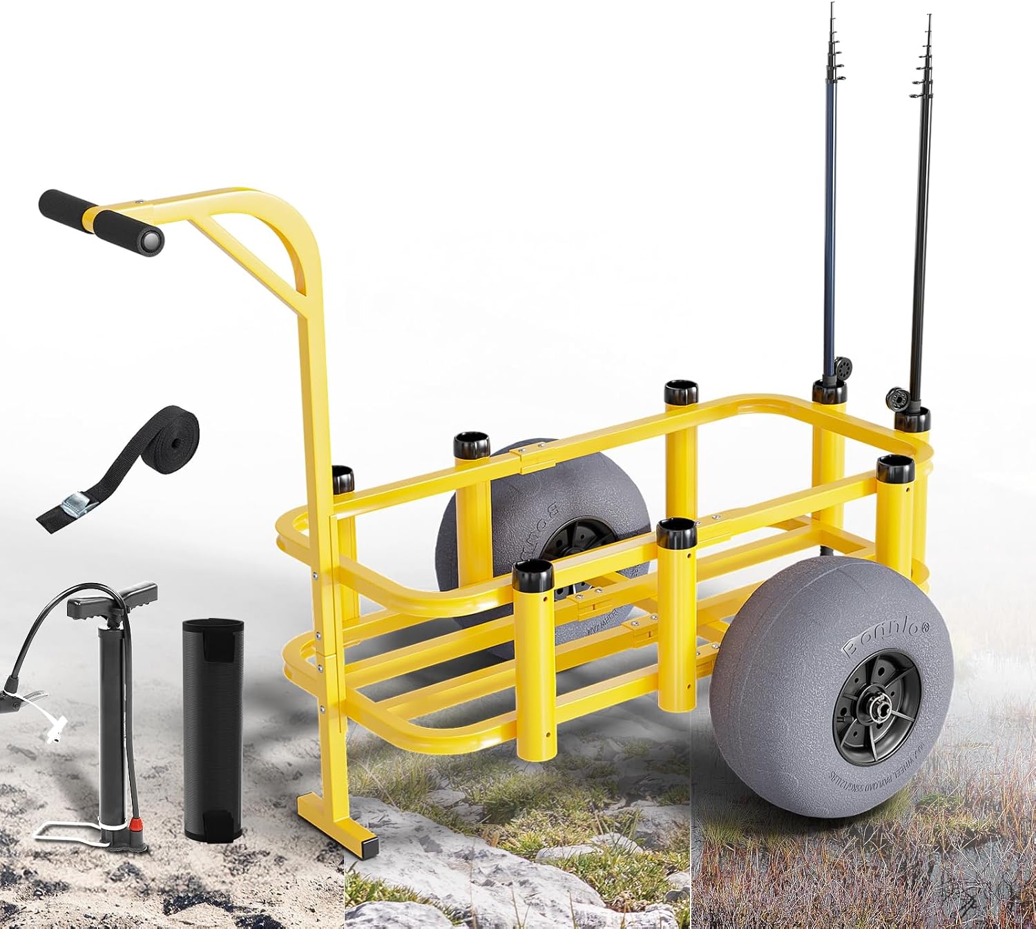 Fishing Rod Holder - รถเข็นตกปลาแบบล้อเลื่อนสำหรับใช้งานกลางแจ้ง รถเข็นชายหาดล้อใหญ่สำหรับพื้นทราย รถเข็นอเนกประสงค์สำหรับใช้งานหนักพร้อมที่วางคันเบ็ด 8 ที่ พร้อมถุงตาข่ายแบบพกพา