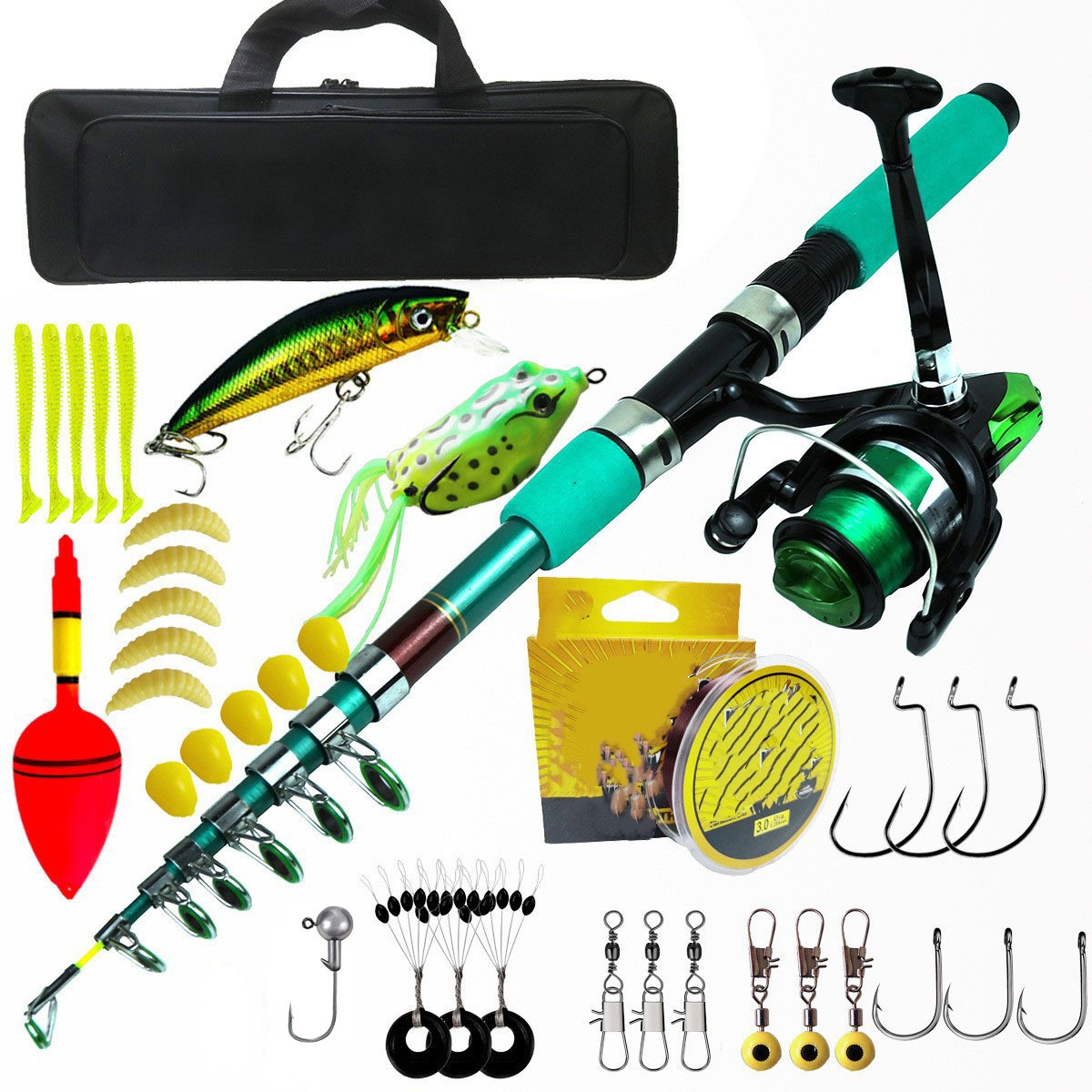 Fishing Rod Telescopic - ชุดคันเบ็ดตกปลาแบบพกพา น้ำหนักเบา คันคาร์ปแบบยืดหดได้ พร้อมรอก กระเป๋าผ้าใยแก้ว อุปกรณ์ตกปลาสำหรับทะเลสาบ